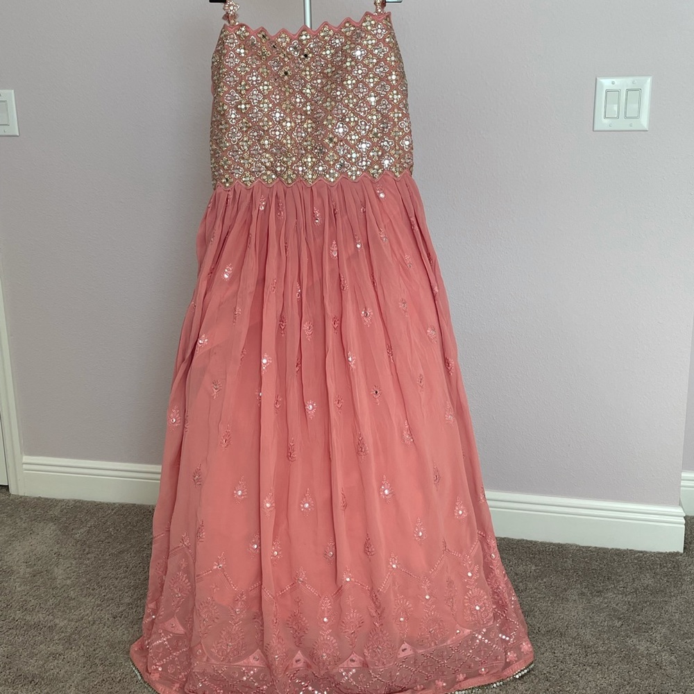 Gorgeous peach color Mirror work long dress.